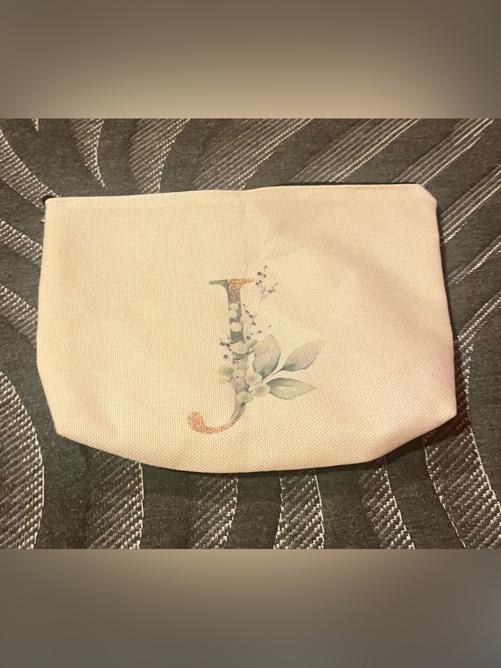 NNW Initial J Canvas Zip Pouch in Cream with Watercolor Green Accent - Picture 7 of 8